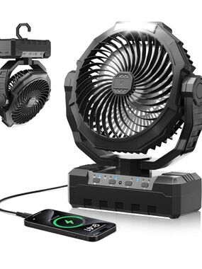 Rechargeable Camping Fan 20000mAh Battery 4 Speeds 2 LED Lights Black